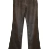 Brown embroidered leather low-rise boot-cut flare pants with hip welt pockets