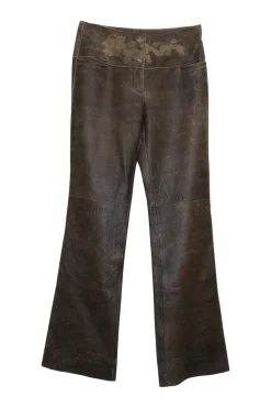 Brown embroidered leather low-rise boot-cut flare pants with hip welt pockets