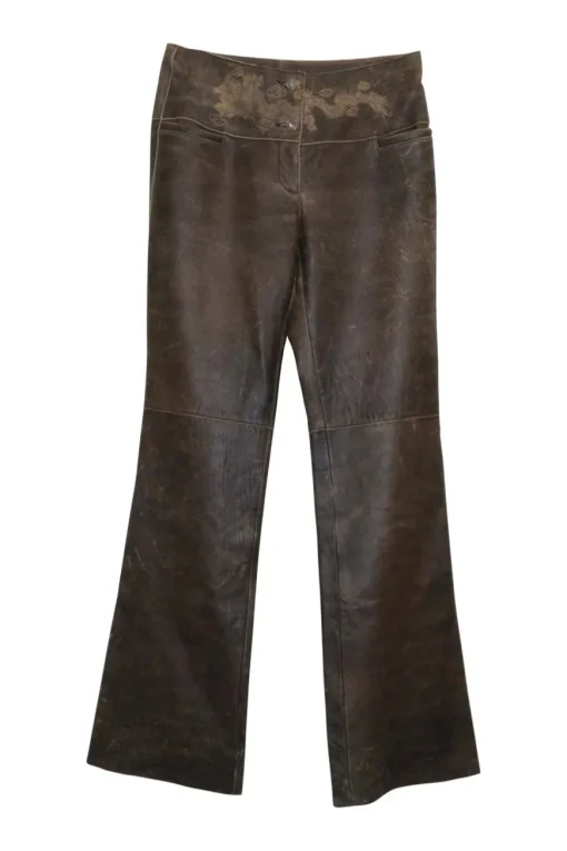 Brown embroidered leather low-rise boot-cut flare pants with hip welt pockets