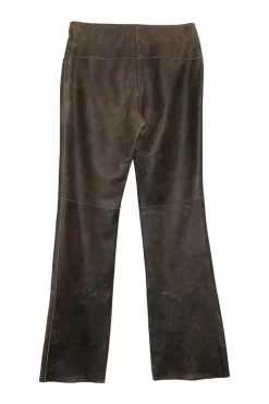 Brown embroidered leather low-rise boot-cut flare pants with hip welt pockets