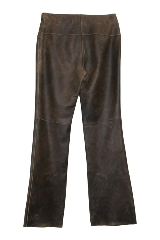 Brown embroidered leather low-rise boot-cut flare pants with hip welt pockets