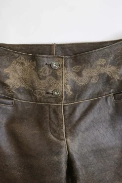 Brown embroidered leather low-rise boot-cut flare pants with hip welt pockets