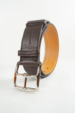 Brown 'Etriviere 32' Belt with palladium plated buckle size 85