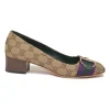 Brown GG Supreme monogram canvas and leather horsebit block heel pumps with chiseled square toe and webbing appliqué