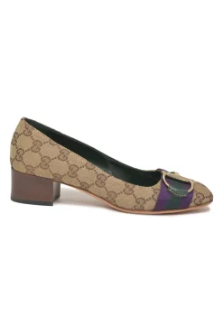 Brown GG Supreme monogram canvas and leather horsebit block heel pumps with chiseled square toe and webbing appliqué