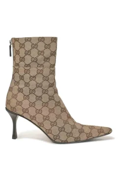 Brown GG Supreme monogram canvas jacquard and leather pointed-toe zip-up ankle boots