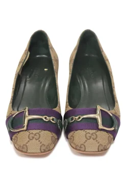 Brown GG Supreme monogram canvas and leather horsebit block heel pumps with chiseled square toe and webbing appliqué