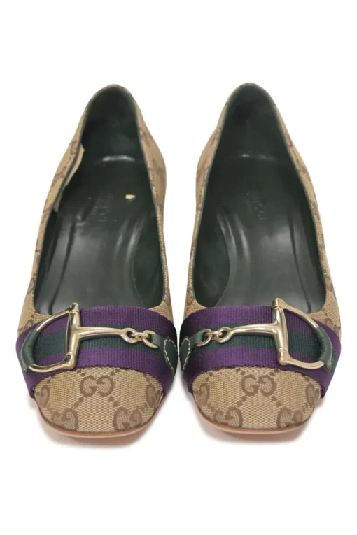 Brown GG Supreme monogram canvas and leather horsebit block heel pumps with chiseled square toe and webbing appliqué