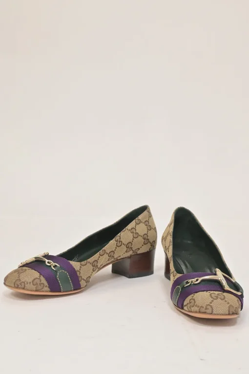 Brown GG Supreme monogram canvas and leather horsebit block heel pumps with chiseled square toe and webbing appliqué