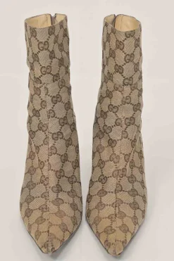 Brown GG Supreme monogram canvas jacquard and leather pointed-toe zip-up ankle boots