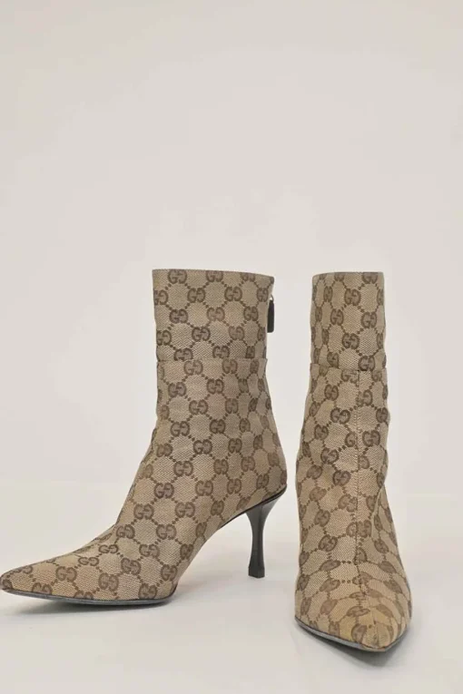 Brown GG Supreme monogram canvas jacquard and leather pointed-toe zip-up ankle boots