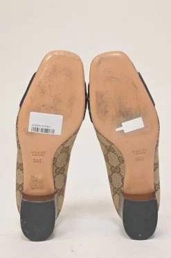 Brown GG Supreme monogram canvas and leather horsebit block heel pumps with chiseled square toe and webbing appliqué