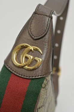 Brown GG Supreme monogram canvas and leather Ophidia mini crescent bag with webbing details