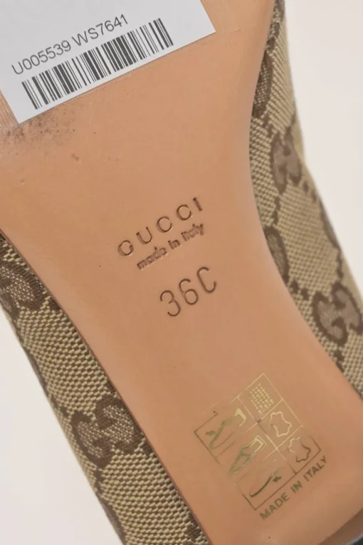 Brown GG Supreme monogram canvas and leather horsebit block heel pumps with chiseled square toe and webbing appliqué