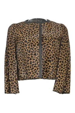 Brown giraffe print calf hair single breasted collarless cropped swing-style jacket