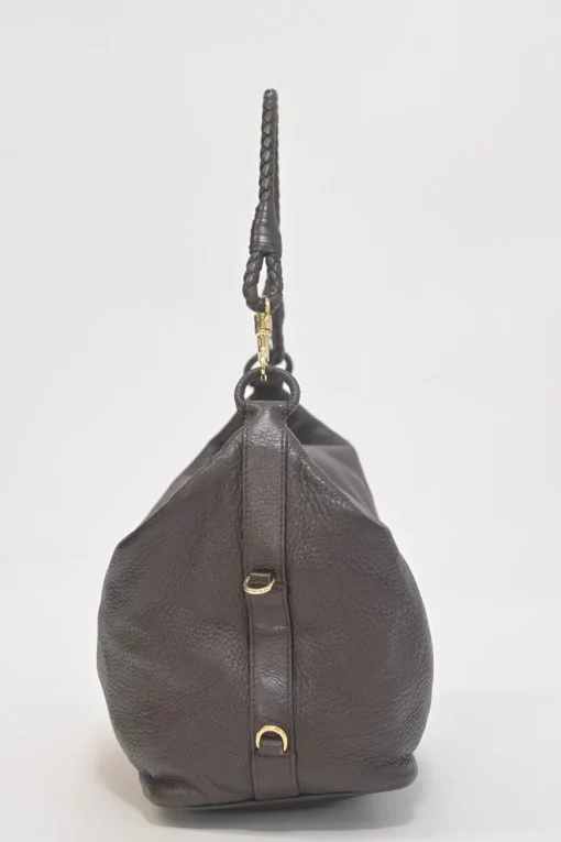 Brown grained leather convertible shoulder bag with sprig clasp intercciato strap