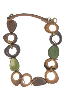 Brown horn and leather station necklace with lobster clasp closure