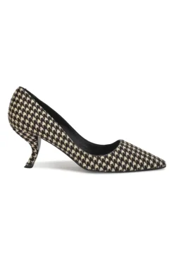 Brown houndstooth print calf hair and leather chisel-toe pumps with comma heels