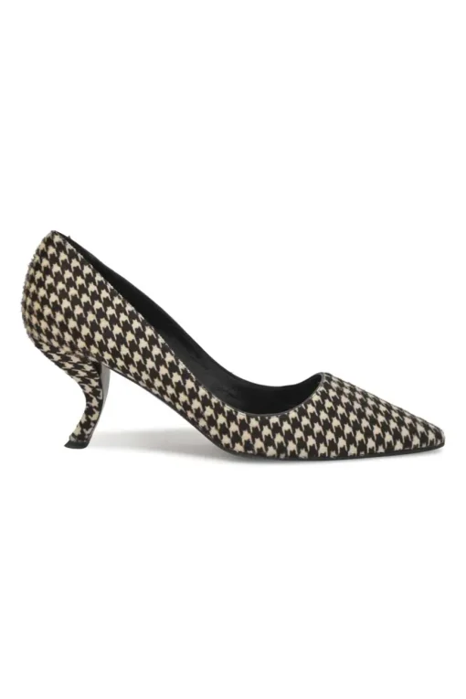 Brown houndstooth print calf hair and leather chisel-toe pumps with comma heels
