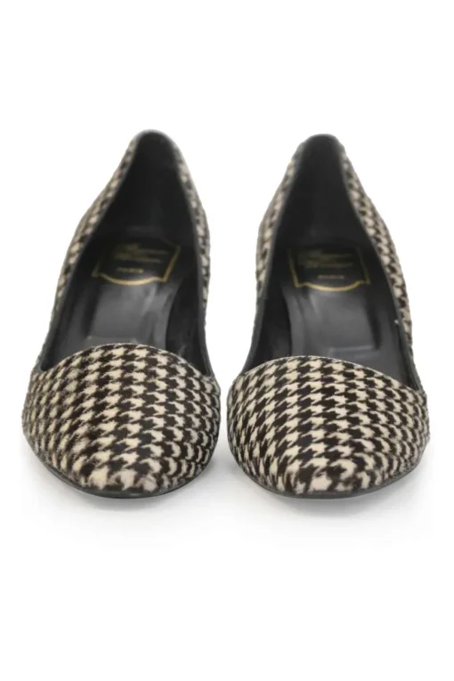 Brown houndstooth print calf hair and leather chisel-toe pumps with comma heels
