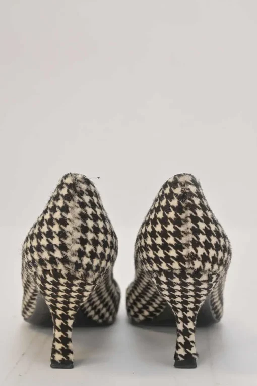 Brown houndstooth print calf hair and leather chisel-toe pumps with comma heels