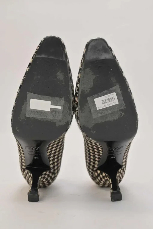 Brown houndstooth print calf hair and leather chisel-toe pumps with comma heels