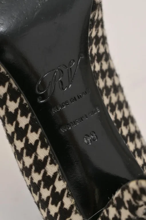 Brown houndstooth print calf hair and leather chisel-toe pumps with comma heels
