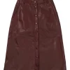 Brown lambskin button-front A-line midi skirt with slanted hip pockets