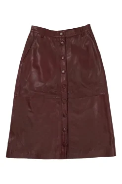 Brown lambskin button-front A-line midi skirt with slanted hip pockets