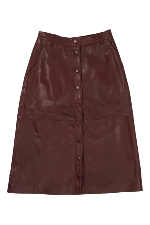 Brown lambskin button-front A-line midi skirt with slanted hip pockets