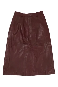 Brown lambskin button-front A-line midi skirt with slanted hip pockets