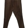 Brown lambskin suede pull-on high-rise pleated jodhpurs with with wrap-front waist adjusters