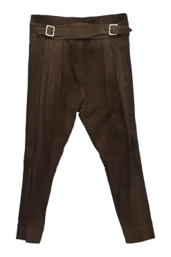 Brown lambskin suede pull-on high-rise pleated jodhpurs with with wrap-front waist adjusters