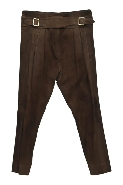 Brown lambskin suede pull-on high-rise pleated jodhpurs with with wrap-front waist adjusters