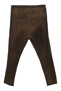 Brown lambskin suede pull-on high-rise pleated jodhpurs with with wrap-front waist adjusters