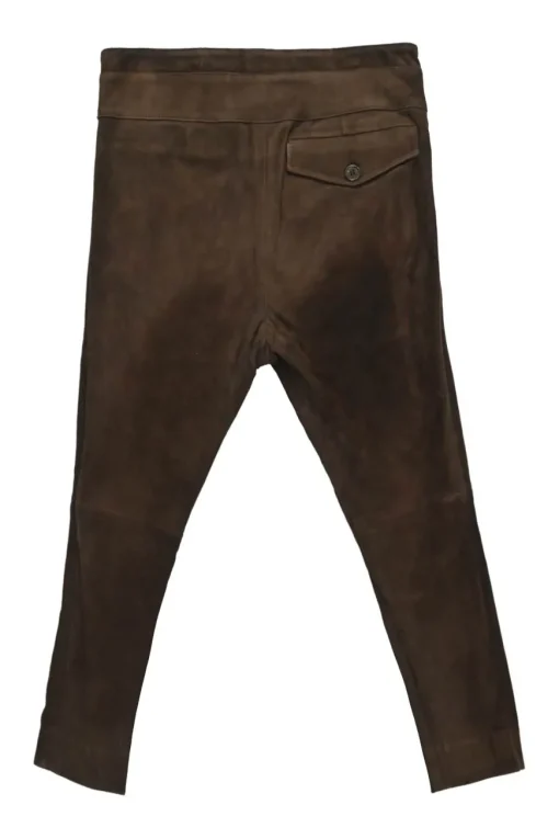Brown lambskin suede pull-on high-rise pleated jodhpurs with with wrap-front waist adjusters