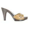 Brown laser-cut leather slip-on wooden block heel platform sandals featuring floral motif