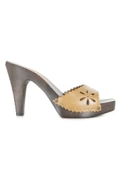 Brown laser-cut leather slip-on wooden block heel platform sandals featuring floral motif