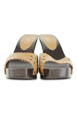 Brown laser-cut leather slip-on wooden block heel platform sandals featuring floral motif