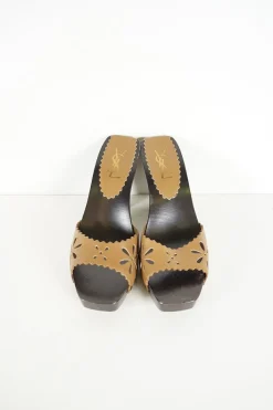 Brown laser-cut leather slip-on wooden block heel platform sandals featuring floral motif