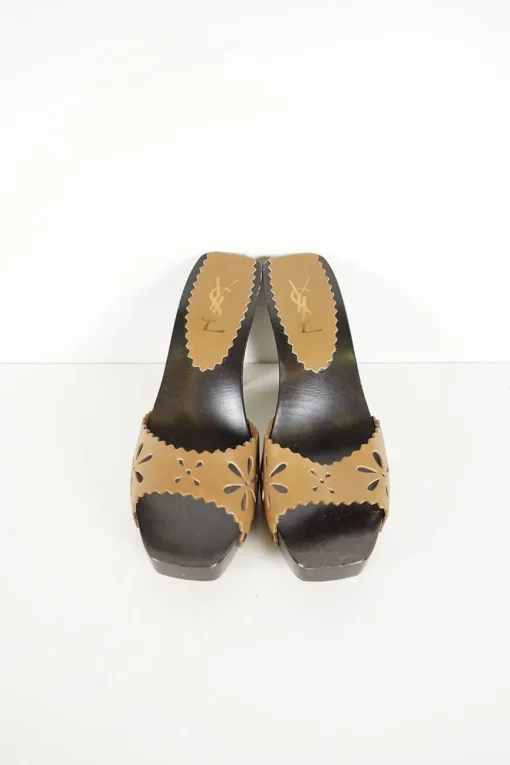 Brown laser-cut leather slip-on wooden block heel platform sandals featuring floral motif