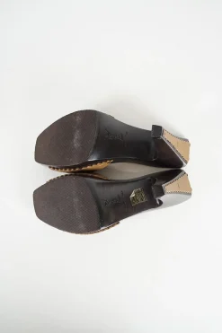 Brown laser-cut leather slip-on wooden block heel platform sandals featuring floral motif