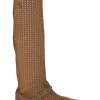 Brown laser-cut leather square-toe knee-high boots with buckle straps