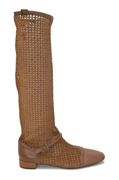 Brown laser-cut leather square-toe knee-high boots with buckle straps
