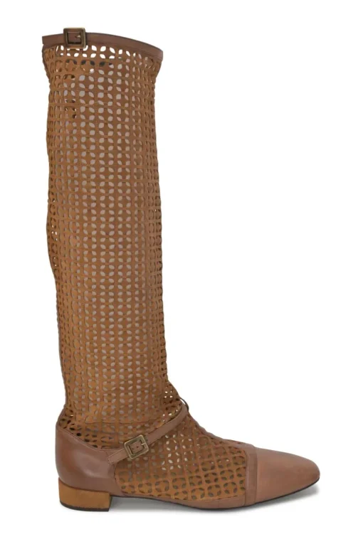 Brown laser-cut leather square-toe knee-high boots with buckle straps