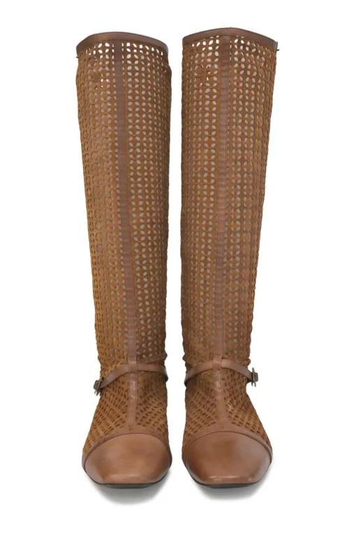 Brown laser-cut leather square-toe knee-high boots with buckle straps