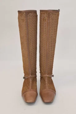 Brown laser-cut leather square-toe knee-high boots with buckle straps