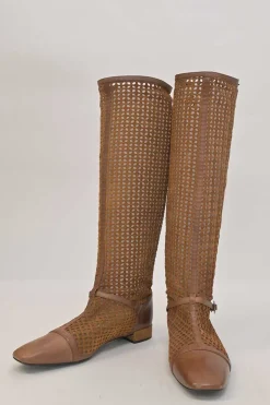 Brown laser-cut leather square-toe knee-high boots with buckle straps