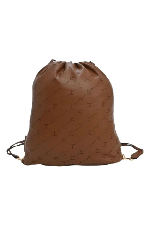 Brown laser-cut logo faux leather drawstring backpack