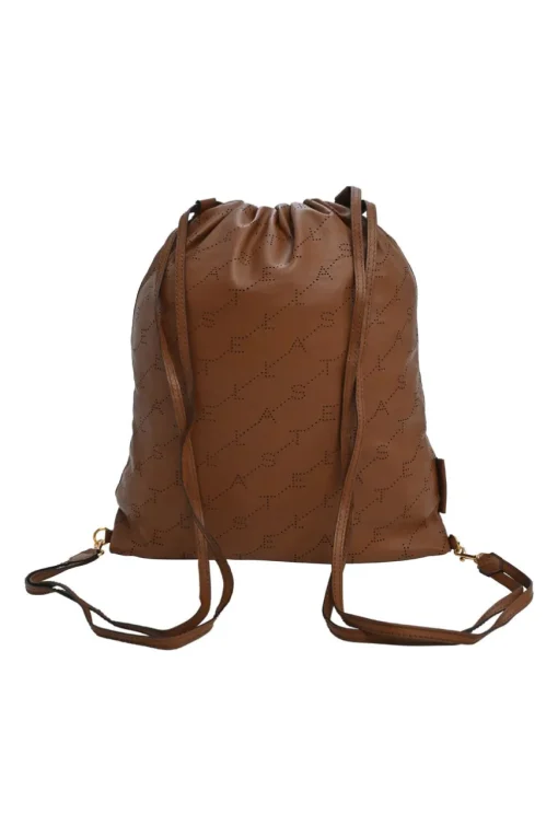 Brown laser-cut logo faux leather drawstring backpack